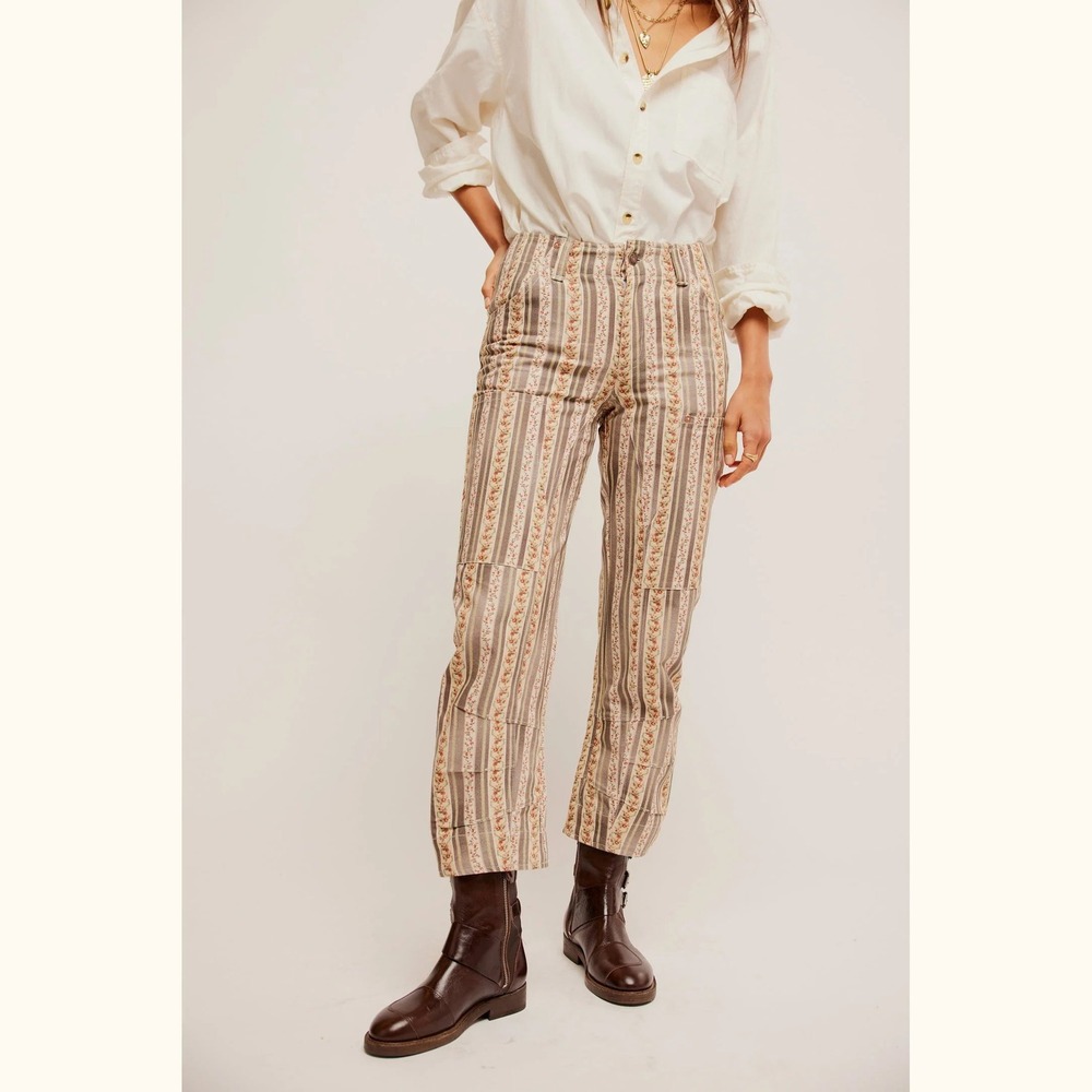 Free People Pants Floral Stripe Print Cotton Canvas Super Sonic Utility Womens 2